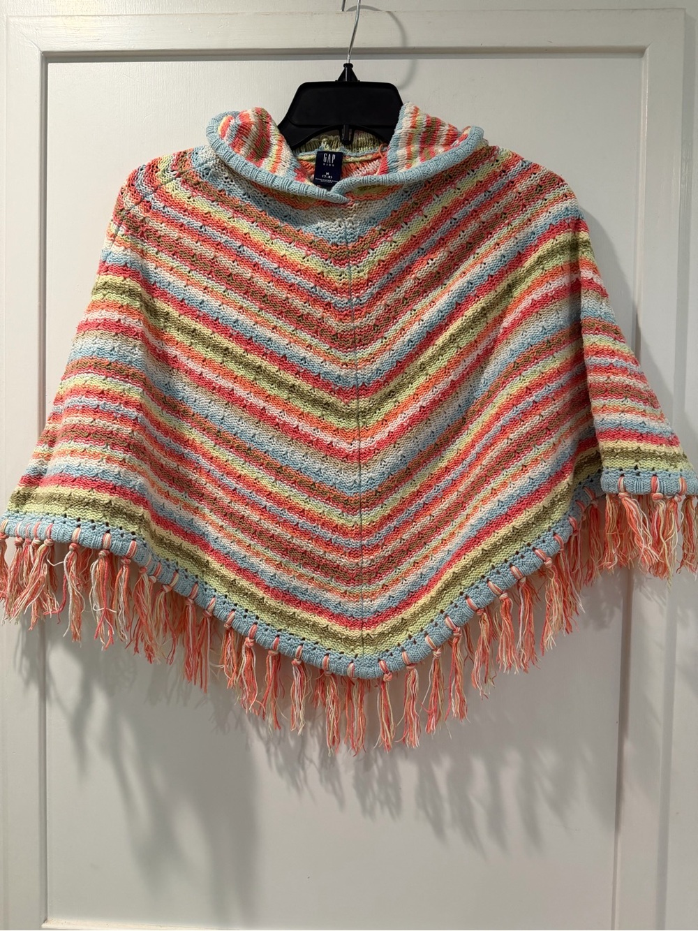 GAP Kids Vintage Fringe Hooded Poncho Sweater - Pastel Multi M (7-8)